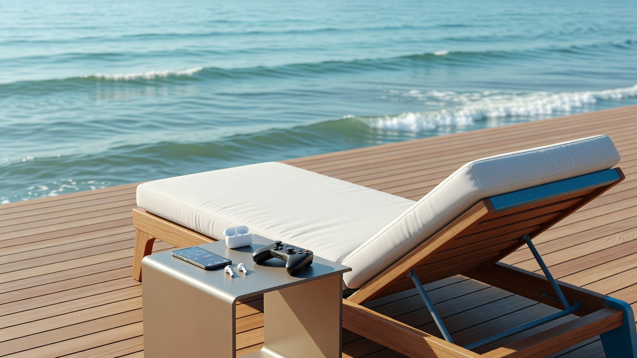 Mobile gaming setup on a coastal deck