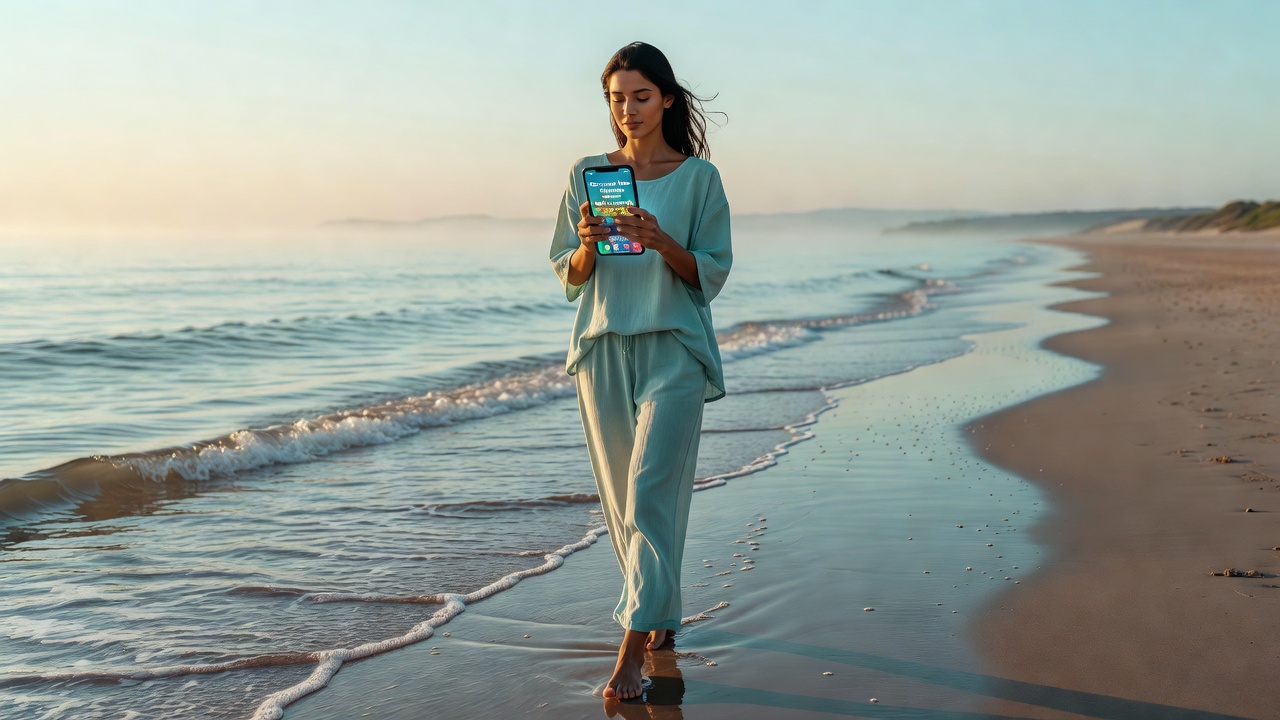 Woman discovering new games along the shoreline